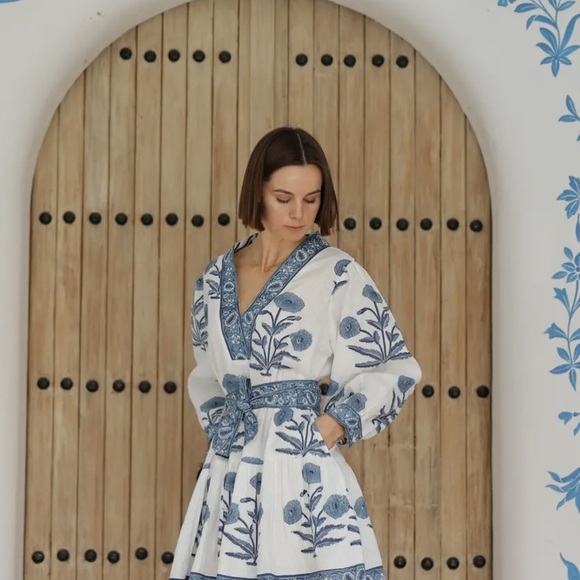 European linen Hand Printed Mykonos Mini blue & white embroidered floral dress - Picture 3 of 5